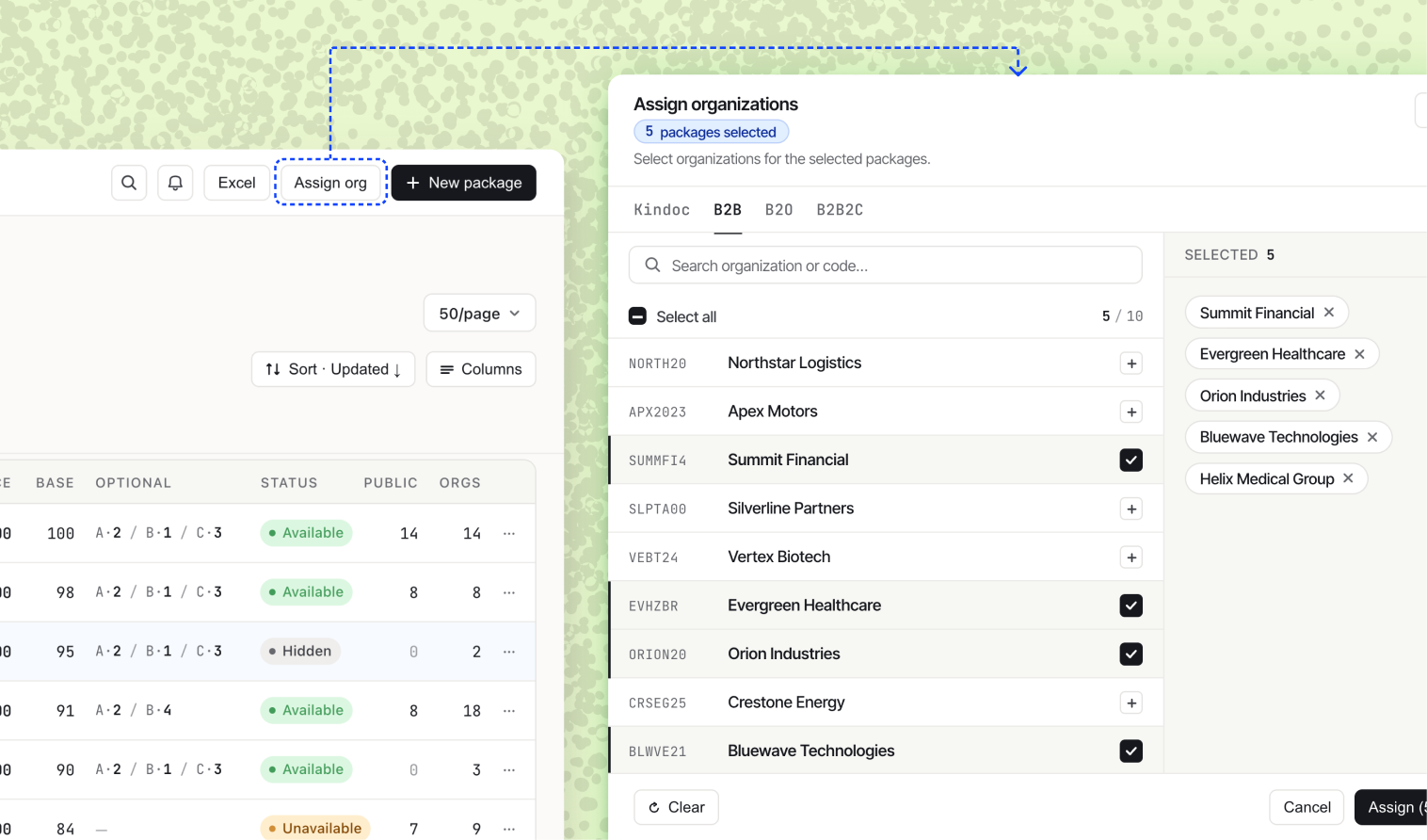 Bulk assignment modal across packages