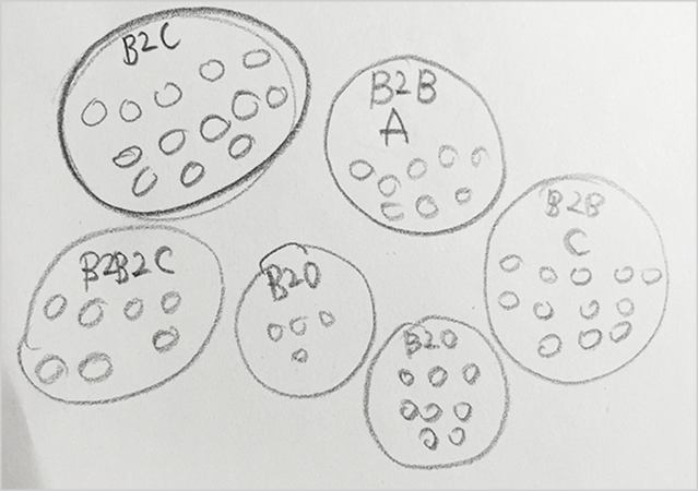 Existing model sketch — per-platform B2C / B2B / B2O configured separately