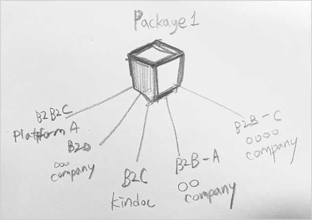 Unified package model sketch — one package distributed to B2B2C / B2O / B2C / B2B-A / B2B-C