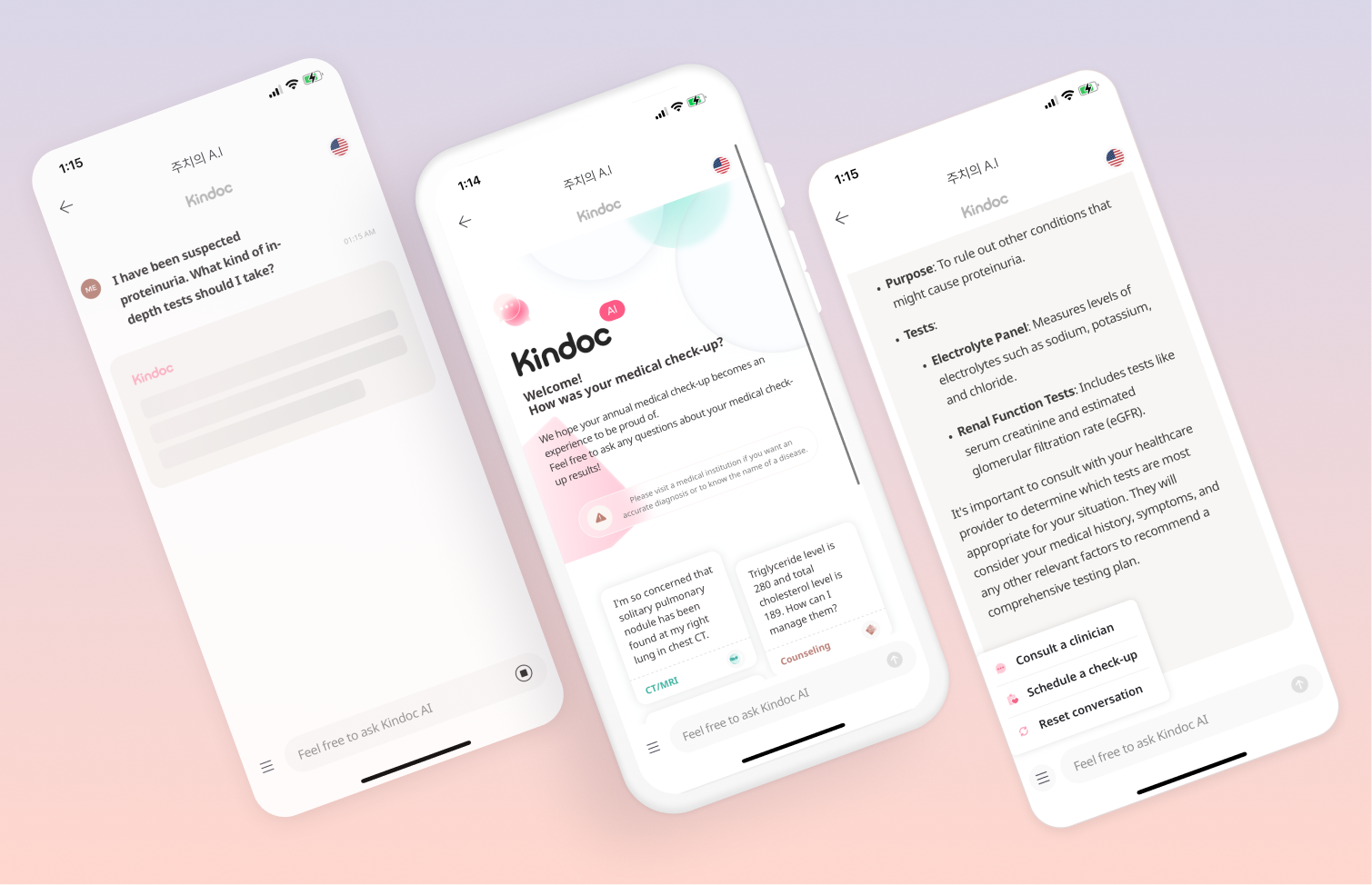 Kindoc AI — conversational health assistant screens